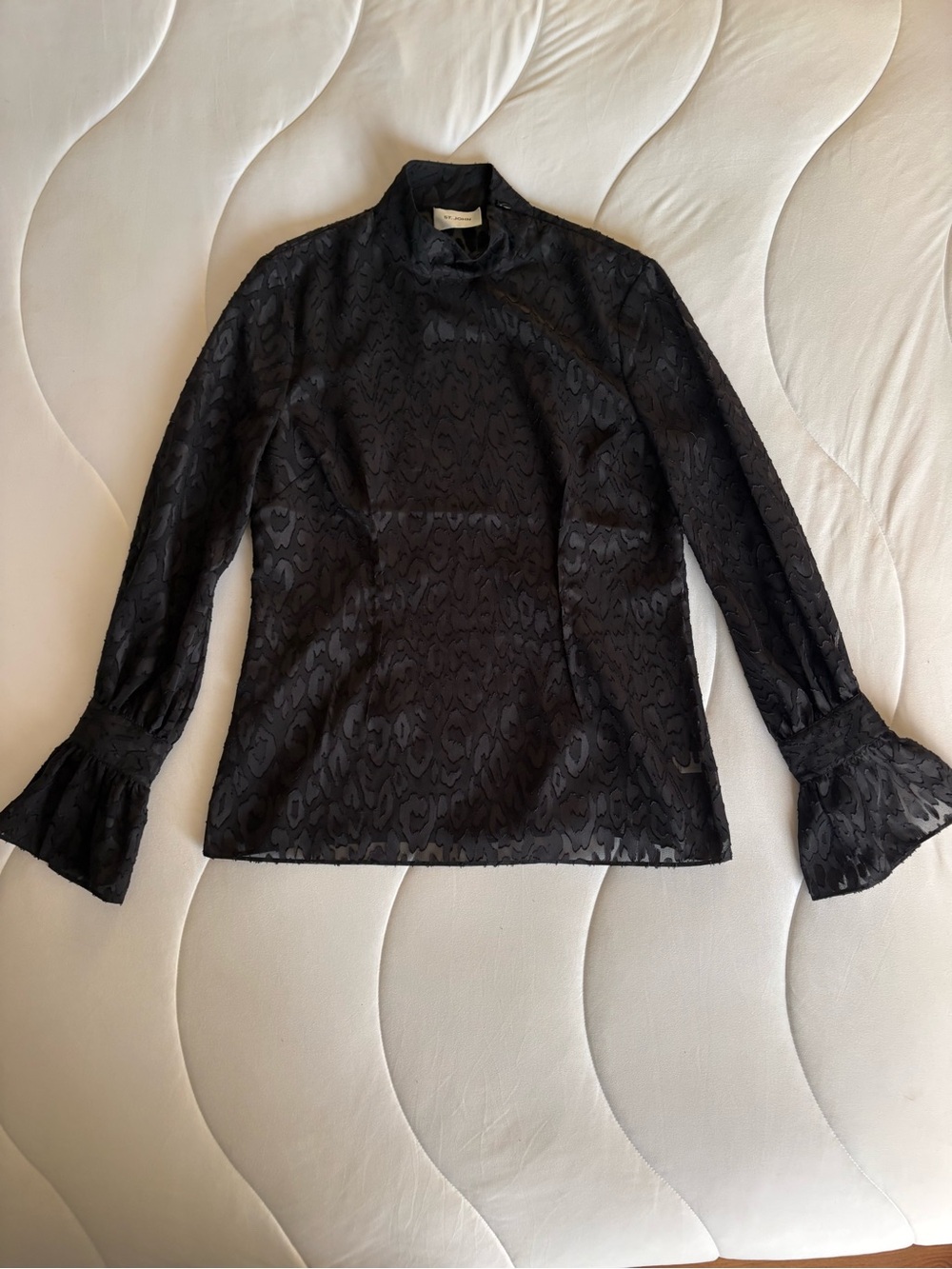 St. John Black Satin Jacquard Mock Neck Blouse with Flared Cuffs